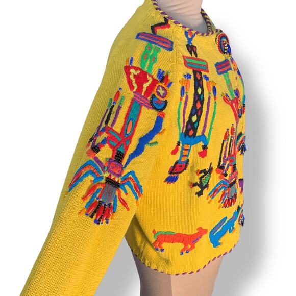 Vintage 90s Michael Simon Henri Bendel Yellow Beaded Abstract Cardigan Large - Picture 4 of 15